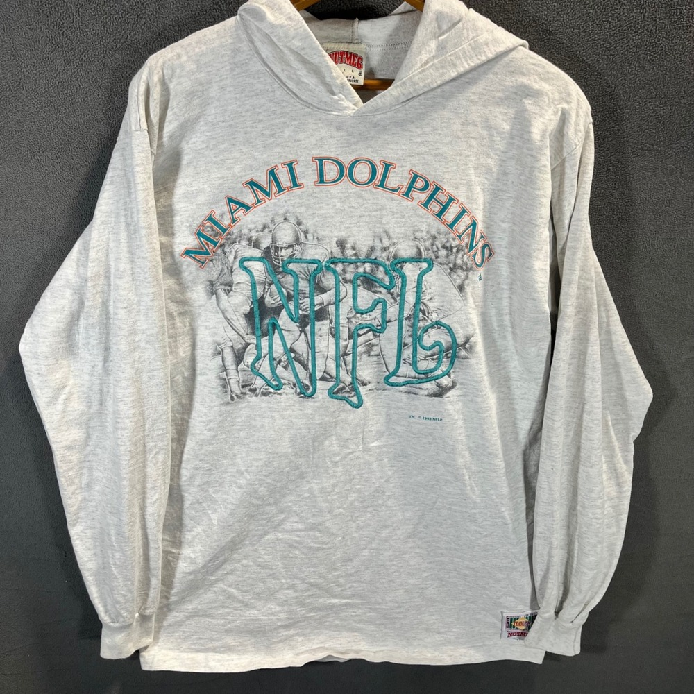 Vintage 1993 Nutmeg Mills Miami Dolphins NFL Hooded Shirt Gray Mens Large USA
